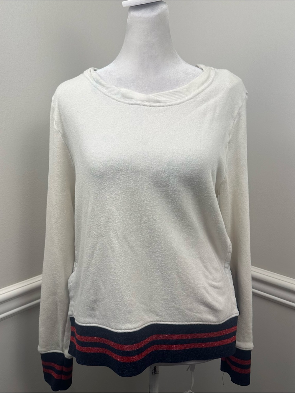 Pam & Gela Cream Long-Sleeve Pullover with Navy & Red Stripe Trim S